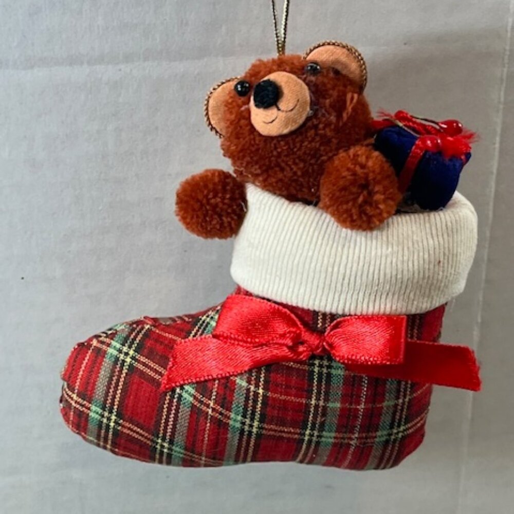 VTG Bear Present Holly in Plaid Stocking Christmas Tree Ornament Plush 3"x4"